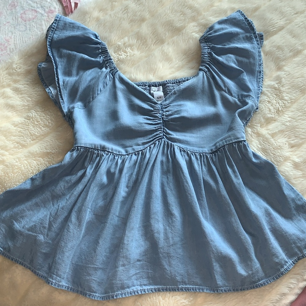 Cute Denim babydoll blouse top backless smocked empire jean top S